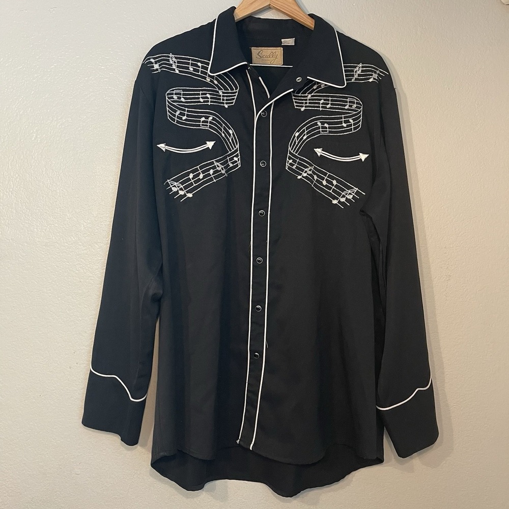 Scully Mens XXL Black Western Shirt Embroidered Musical Notes Pearl Snap Cowboy